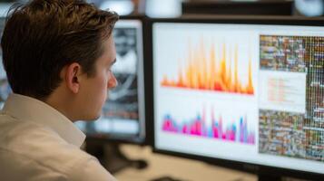 Man Analyzes Data on Multiple Computer Screens Displaying Colorful Graphs and Information photo