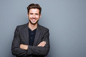 Smiling Man in Stylish Jacket A Portrait of Confidence and Charm Today photo