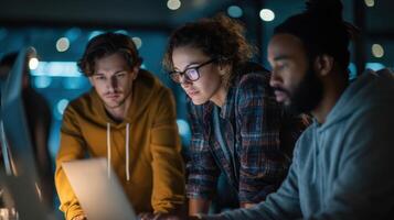 Diverse team collaborating on a coding project late into the night together photo