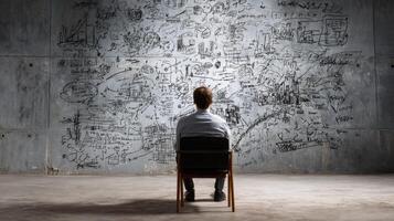 The man sits on a chair and sees a wall full formulas photo