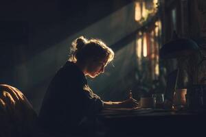Woman Focused on Writing at Dark Wooden Table in Dimly Lit Room photo