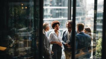 Diverse Group of Professionals Collaborating and Discussing Strategies in Modern Office photo