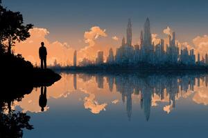 Reflections of Tomorrow A Lonely Figure Contemplates the Future Skyline's Grandeur photo