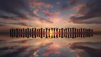 A Circle of Silhouettes Enjoying a Beautiful Sunset Above the Calm Water photo