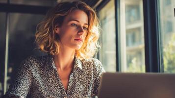A Woman Sits Near a Window While Working on a Computer photo