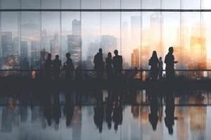 Business People Meeting with Modern Architecture Building Cityscape in Background during Sunset photo