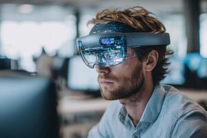Man Wearing a Virtual Reality Headset Device in the Office Environment photo
