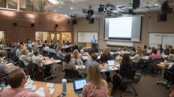 Large audience actively listening presentation in auditorium filled with tables and chairs photo