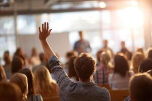 Engaging Audience During Public Speaking Raising Hand Asking Questions in a Seminar photo