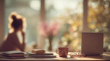 Cozy Morning Woman Laptop Coffee Books and Glasses on Table Indoor photo