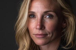Close Up Portrait of a Blond Woman with Beautiful Blue Eyes Staring Ahead photo