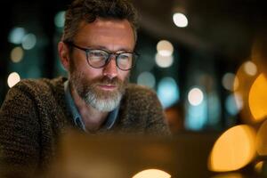 Man Using Laptop at Night in a Cafe Enjoying the Quiet Atmosphere photo