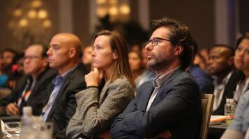 Diverse Audience Engaged in Thought Provoking Conversation at a Conference Venue photo