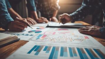 Team Analyzing Financial Data Charts and Graphs During Corporate Meeting Planning Process photo