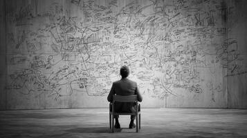 The Man Sitting Confronting a Wall Covered with Strange Markings Mysterious Setting photo