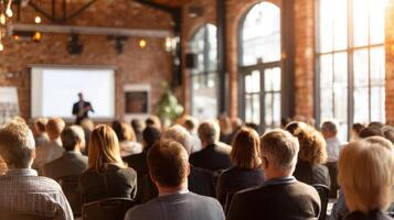 Successful Lecture Speaker Presentation Event Attracting A Large Crowd Of Professionals photo