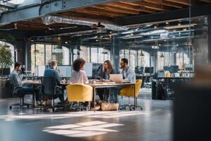 A Diverse Group Brainstorming Ideas in a Spacious Modern Meeting Room photo