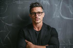 Man with eyeglasses standing in front of blackboard wearing jacket looks serious photo