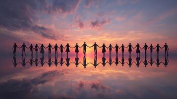 A Long Line of People Holding Hands Against a Colorful Sunset Sky photo