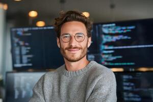 A Young Caucasian Male Programmer Smiling In Front of a Computer Screen photo