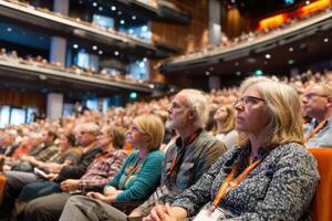 A Packed Auditorium Filled with People Listening Attentively to a Speaker photo