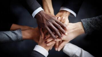 Hands Joined Together Top View Multi Ethnic Group Work Close Up Picture photo