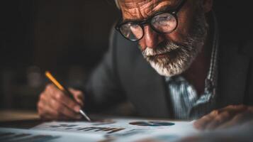 Analyzing Charts and Graphs Old Man Examining Important Documents with Eyeglasses photo