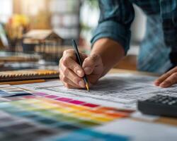 Architect Drawing Building Blueprint Design Plans For Construction Project With Focus photo