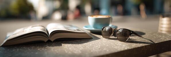 A Quiet Moment A Book Coffee and Sunglasses on a Table photo