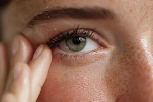 Closeup of a Woman's Eye with Fingers near Lashes and Skin photo