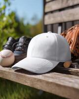 White baseball cap on wood table with other sports accessories background photo