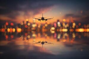 Plane Reflection In Calm Water Beautiful City Lights In The Background photo