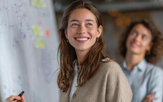 Teamwork in the Office a Young Businesswoman Looking to the Future photo