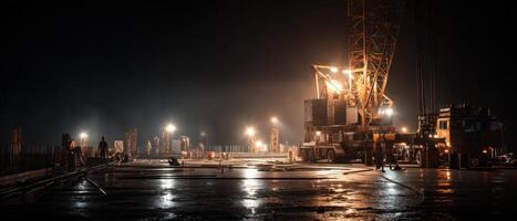 Nighttime view of offshore oil rig and reflection on water surface photo