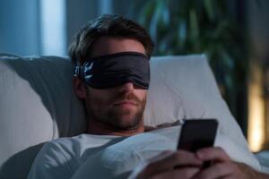 Man In Bed Using Phone Wearing Eye Mask At Midnight Hour photo