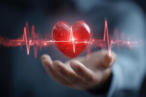 A Red Heart Floating on Hand with Heartbeat and EKG Illustration photo