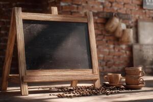 Chalkboard Cafe Scene with Coffee Beans and Stacks of Mugs Art photo