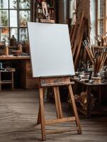 Blank White Canvas Stands Ready in a Painter's Studio for Creation photo