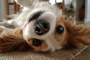 Adorable Cavalier King Charles Spaniel Puppy Upside Down on the Floor Playful photo