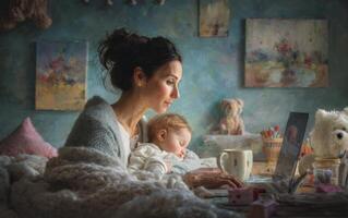 Mother Working from Home While Taking Care of Her Baby Child photo