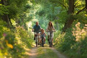 Family enjoying a bike ride on a beautiful summer day with trees photo