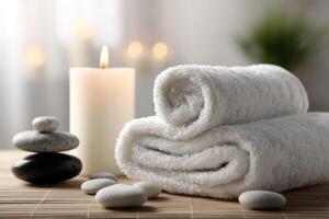 Tranquil Spa Retreat Soft White Towels and Stones for Wellness Therapy photo