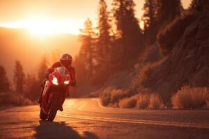 Motorcycle Riding Towards Sunset on the Forest Road Beautiful Evening Sunlight photo