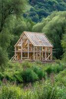 A Framed House Under Construction in a Green Forest Clearing Scene photo