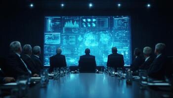 Men in Suits Gather around a Table Watching a Big Screen photo