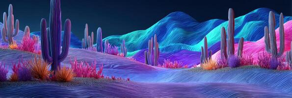 Colorful Digital Landscape with Cacti and Mountains Under a Starry Sky photo