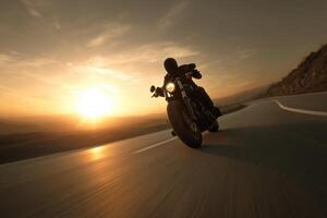 Motorcycle Riding Towards Setting Sun Freedom of the Open Road Adventure Trip photo