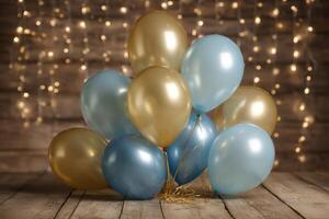 Golden and Blue Balloons Sparkling Celebration Backdrop for Unforgettable Party Memories photo