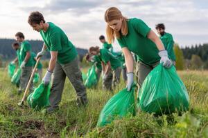 People Picking Up Garbage in Green Bags for Nature and Environment Clean photo