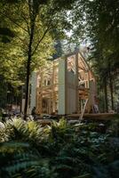 Forest Home Building Project Construction Site with Lumber and Greenery Outdoors photo